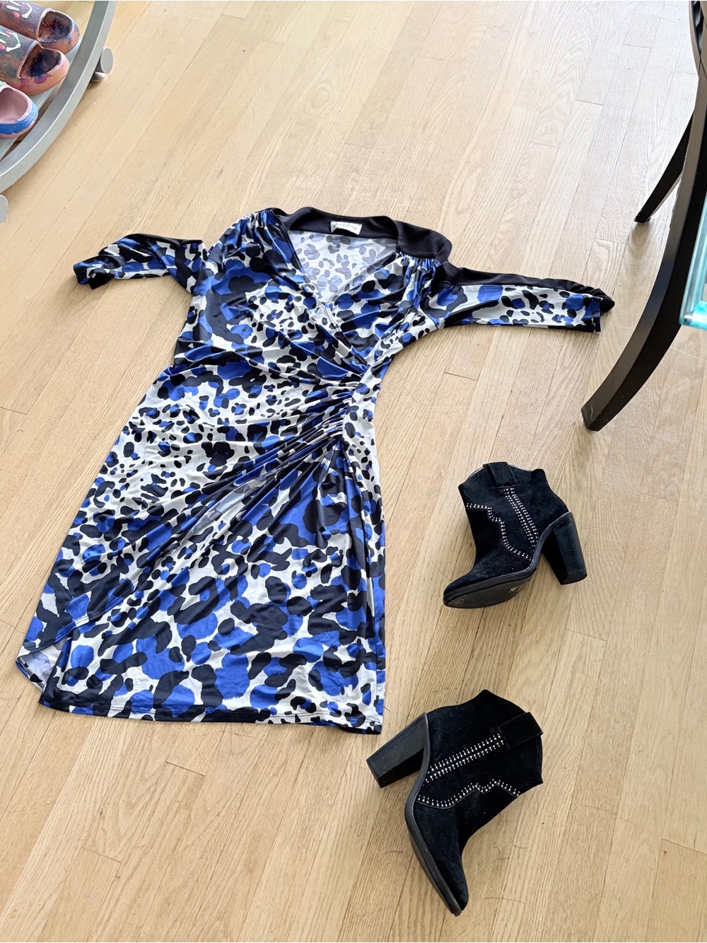 Joseph Ribkoff Blue and Black Animal-Print Wrap Dress
